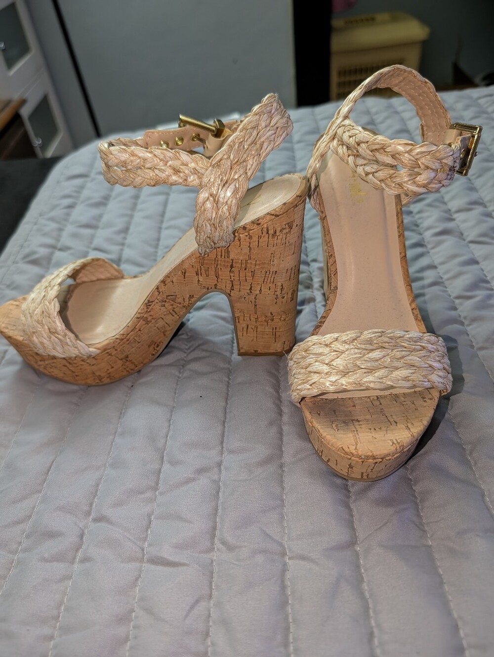 Braided Cork Wedge Sandals in Light Beige with Ankle Strap - Picture 4 of 6